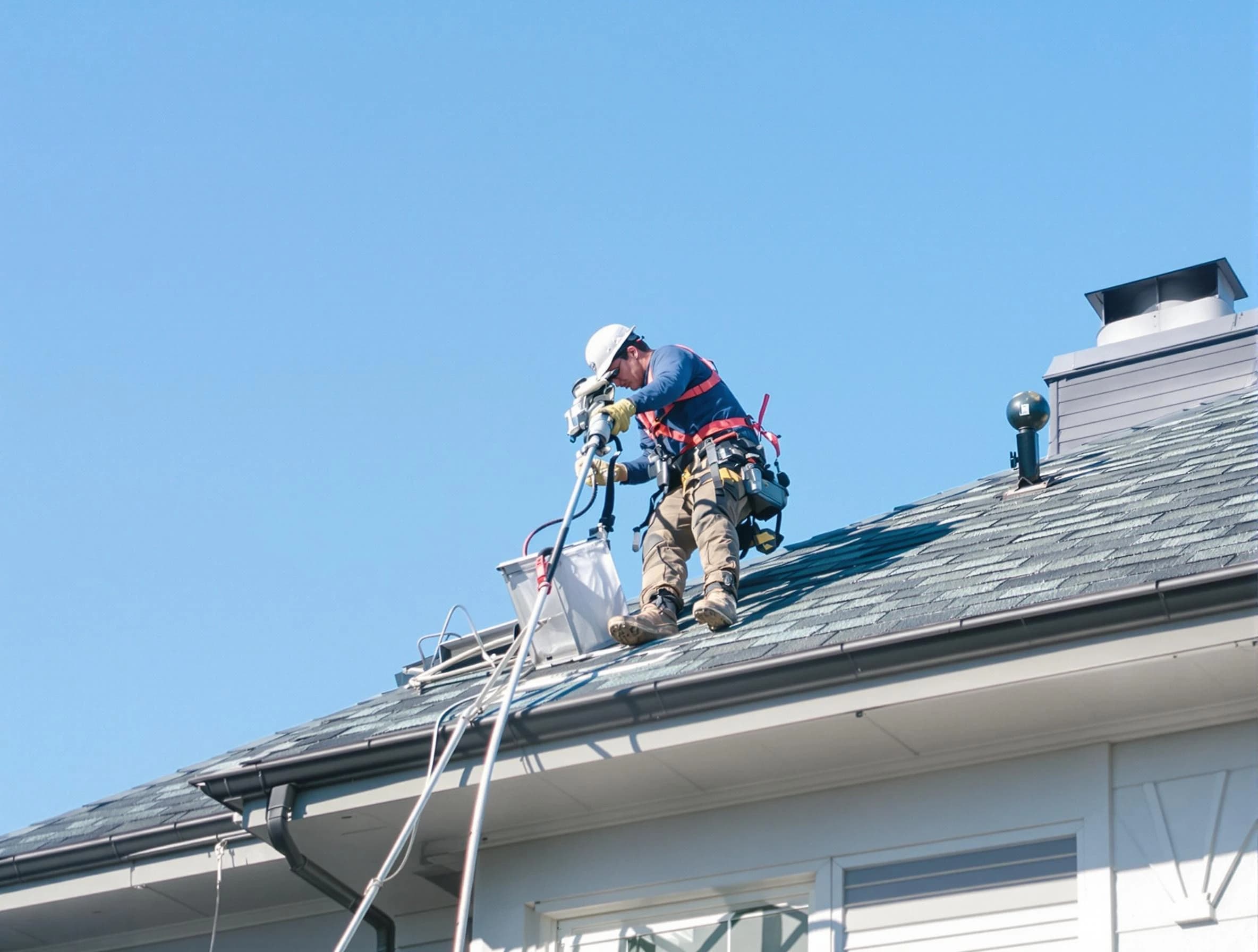 New River Dryer Vent Cleaning certified technician cleaning a roof-mounted dryer vent system in New River
