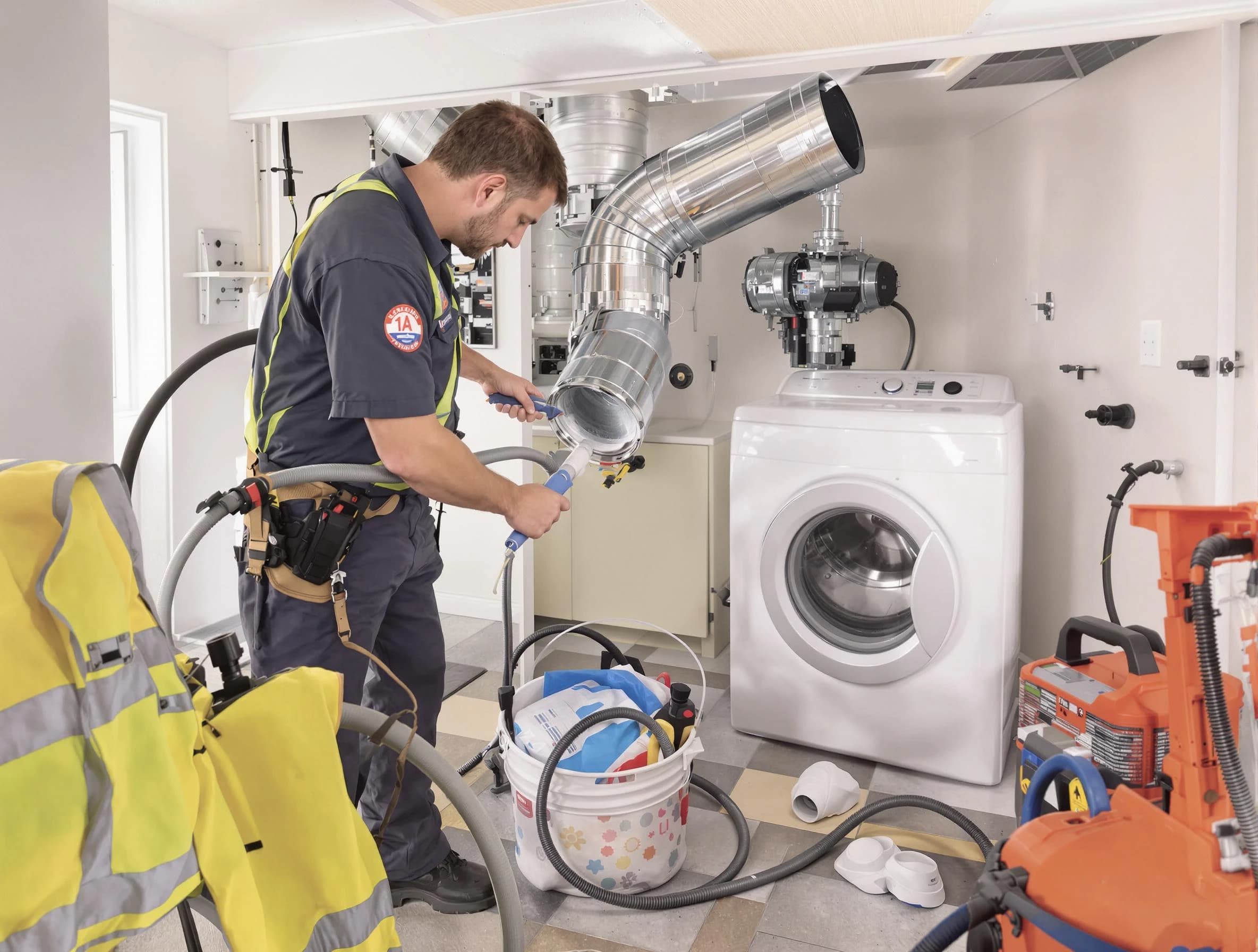 New River Dryer Vent Cleaning technician using specialized equipment to clear severe dryer vent blockage in New River