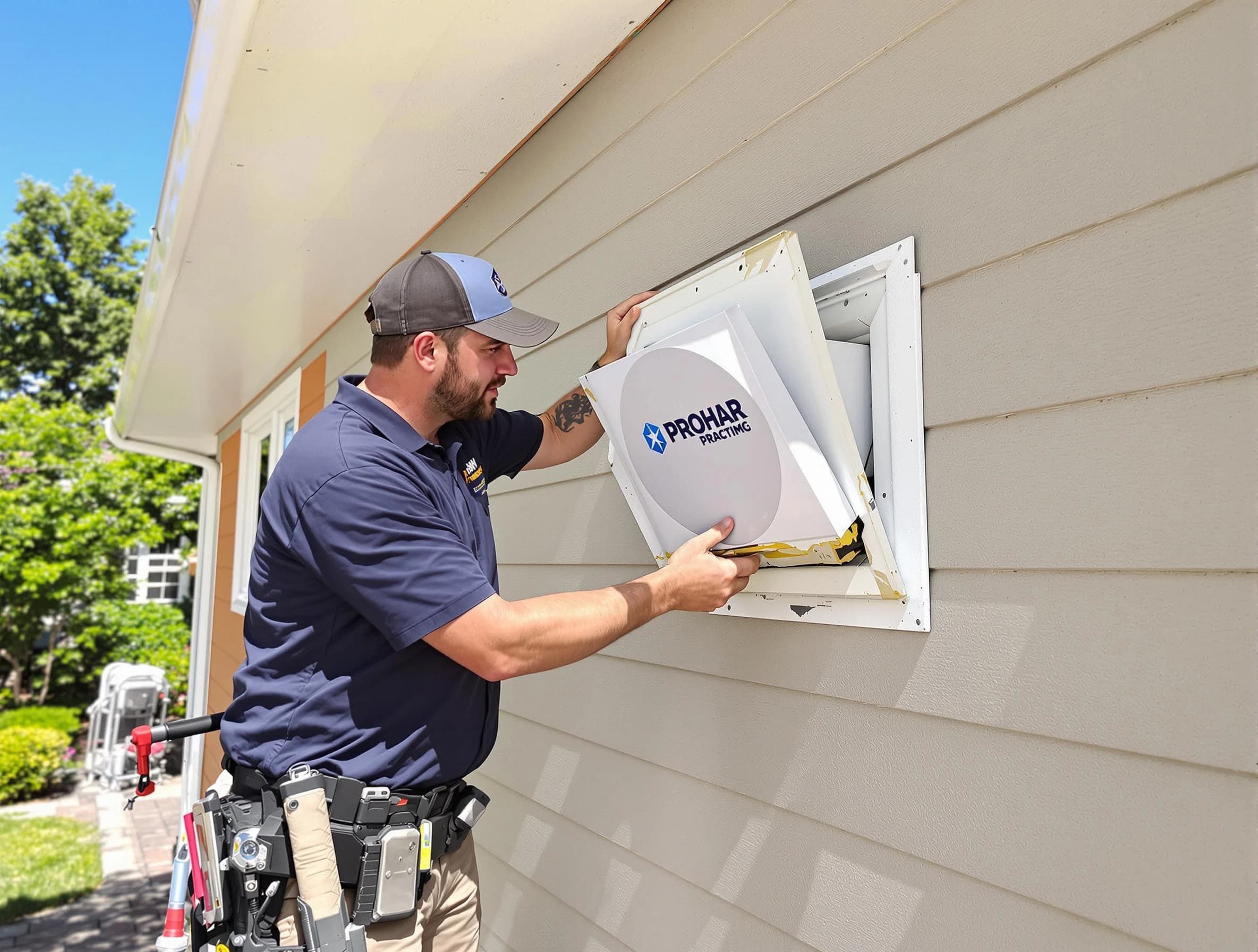 New River Dryer Vent Cleaning technician installing a new protective dryer vent cover on a home in New River