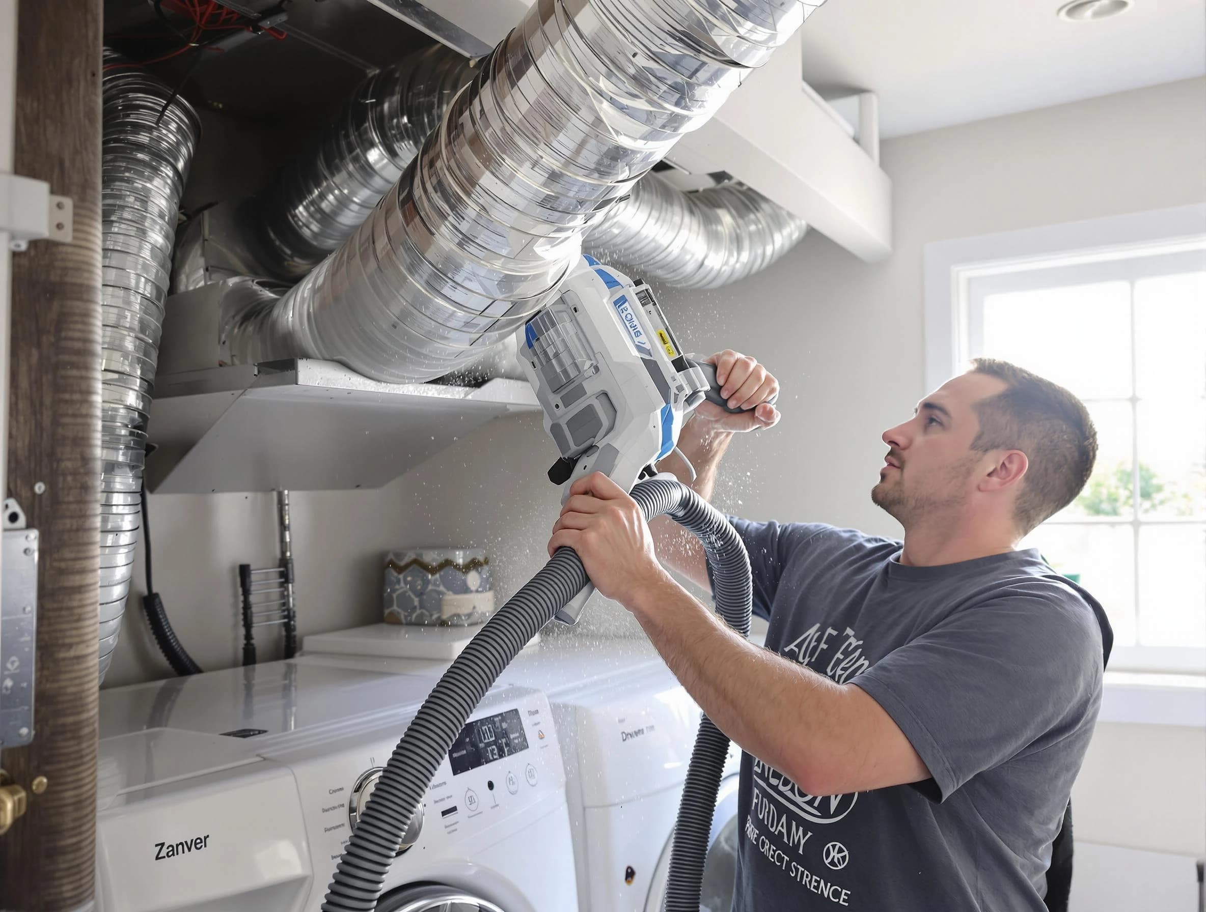 New River Dryer Vent Cleaning specialist cleaning deep within a dryer vent duct system in New River