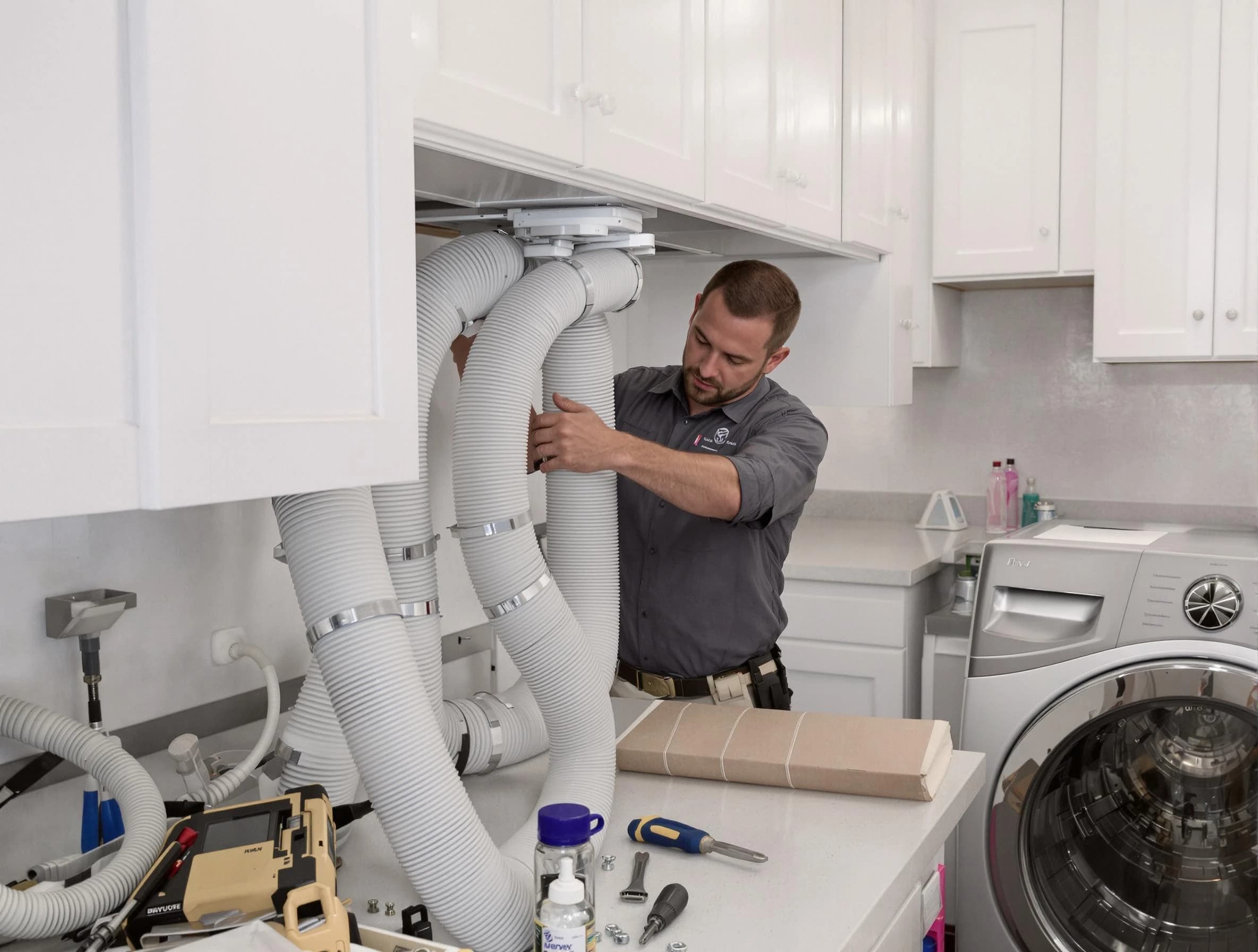New River Dryer Vent Cleaning technician installing a new professional-grade dryer vent hose in New River