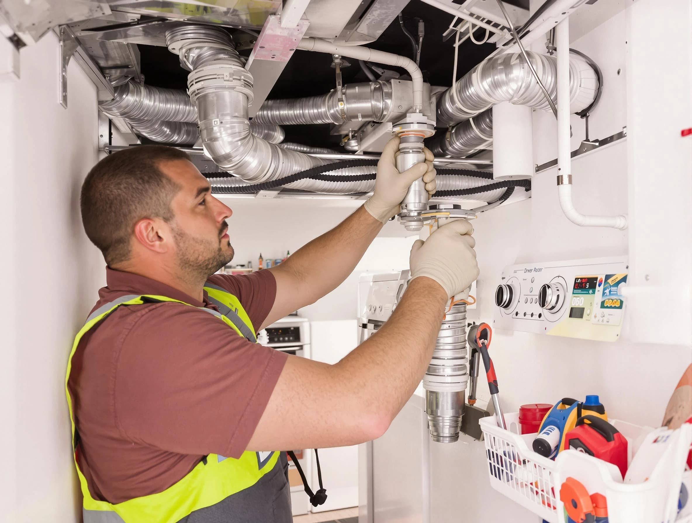 New River Dryer Vent Cleaning expert performing both repair and installation work on a dryer vent system in New River