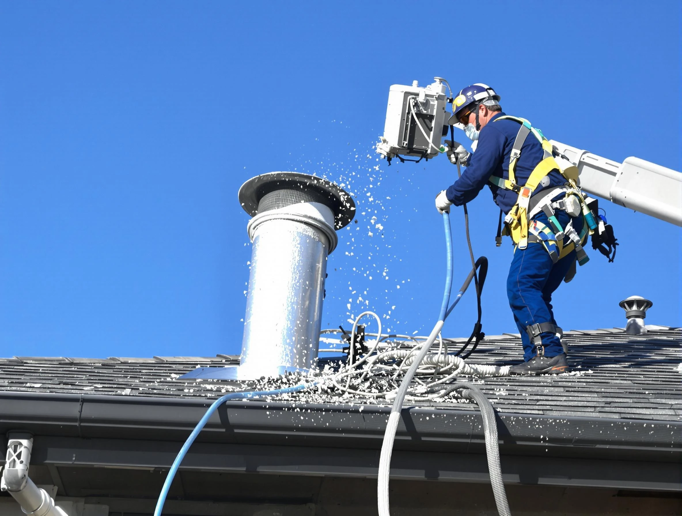 New River Dryer Vent Cleaning certified technician safely cleaning a roof-mounted dryer vent in New River
