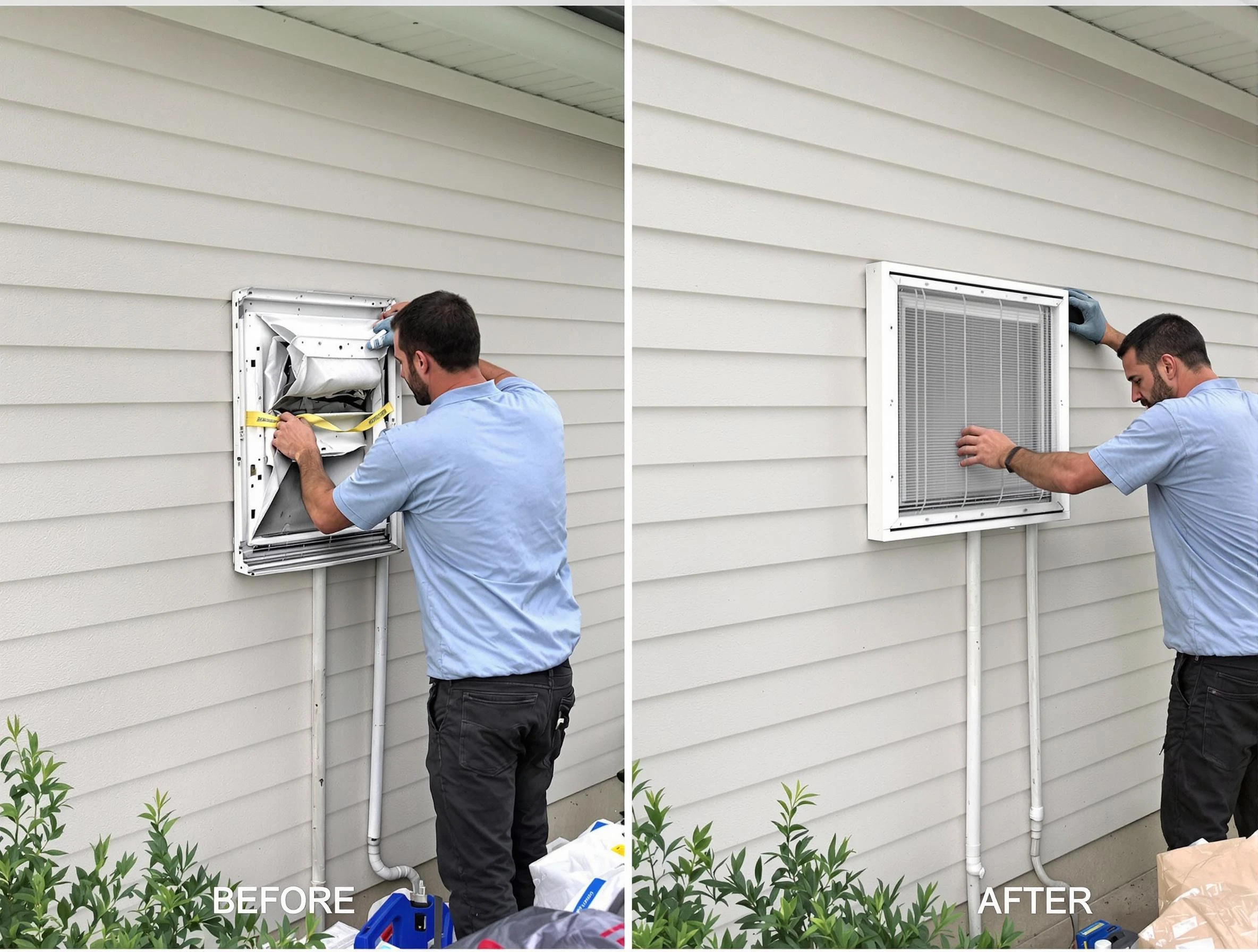 New River Dryer Vent Cleaning technician installing high-quality dryer vent cover at a residential property in New River